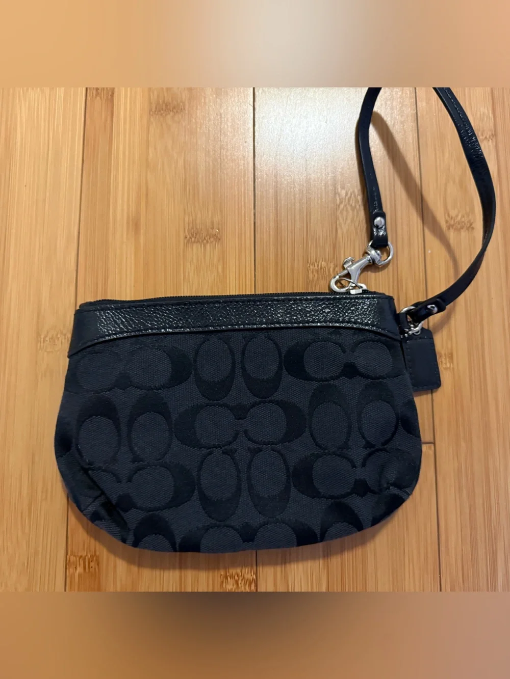 Coach Black Signature Canvas Wristlet with Leather Trim